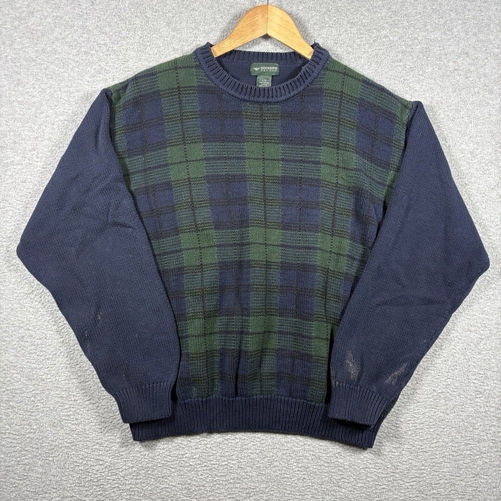Vintage 90s Dockers Recode Sweater Mens Large Navy Green Plaid Knit Crewneck